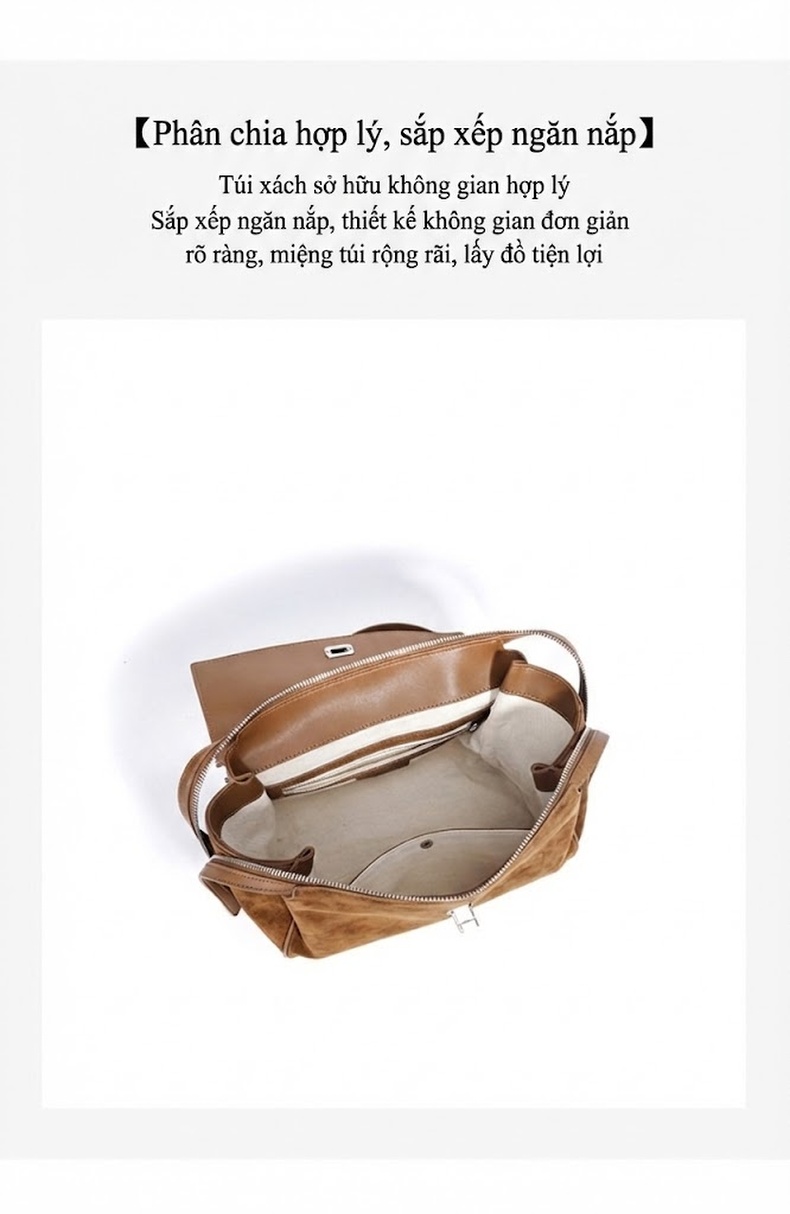 Túi Xách Tay Da Bò Tote Đeo Vai, Đeo Chéo Thiết Kế Hàn Quốc Màu Nâu, Nâu Đậm chi tiết 9