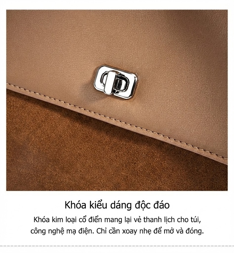 Túi Xách Tay Da Bò Tote Đeo Vai, Đeo Chéo Thiết Kế Hàn Quốc Màu Nâu, Nâu Đậm chi tiết 13