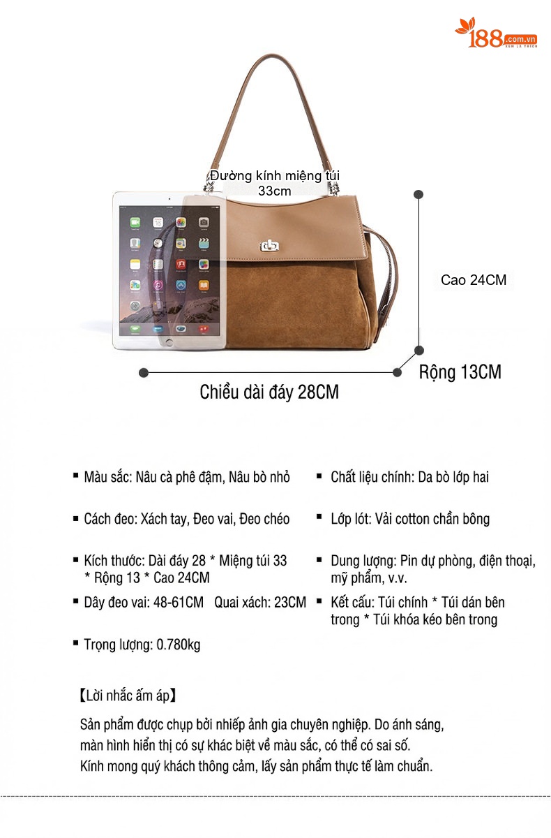 Túi Xách Tay Da Bò Tote Đeo Vai, Đeo Chéo Thiết Kế Hàn Quốc Màu Nâu, Nâu Đậm chi tiết 8