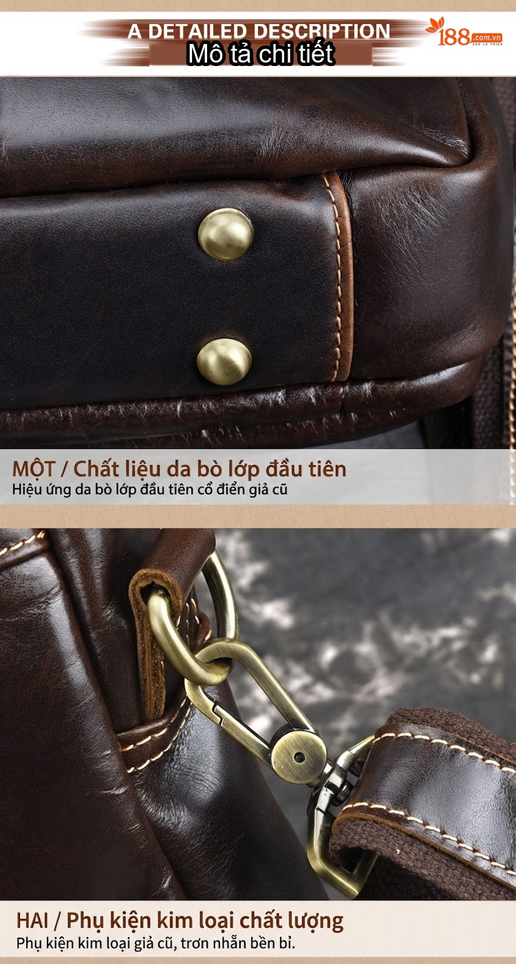 Túi Xách Tay Da Thật Dầu Sáp Đựng Laptop Kiểu Cổ Điển Đa Năng Đeo Vai Chéo Dáng Công Sở Âu Mỹ Màu Nâu chi tiết 6