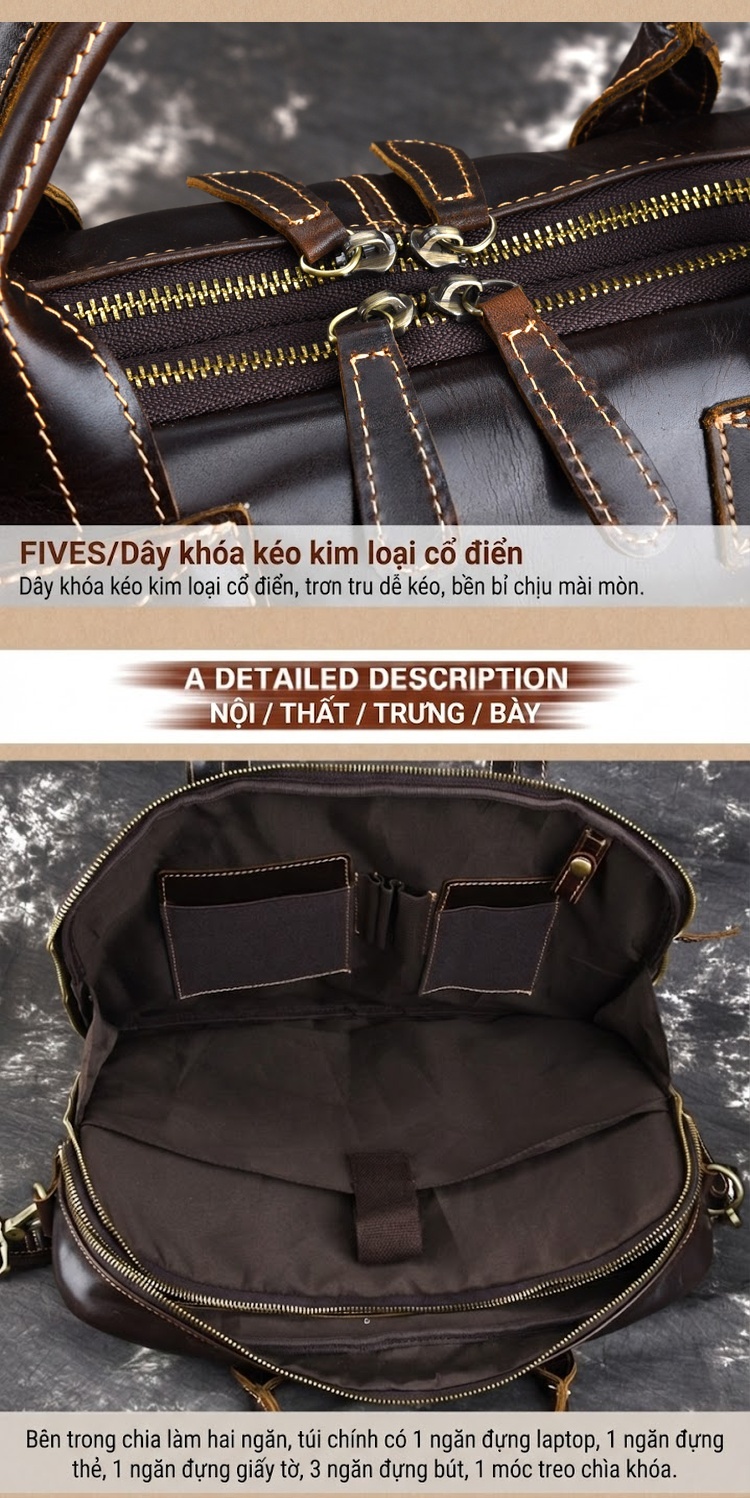 Túi Xách Tay Da Thật Dầu Sáp Đựng Laptop Kiểu Cổ Điển Đa Năng Đeo Vai Chéo Dáng Công Sở Âu Mỹ Màu Nâu chi tiết 8