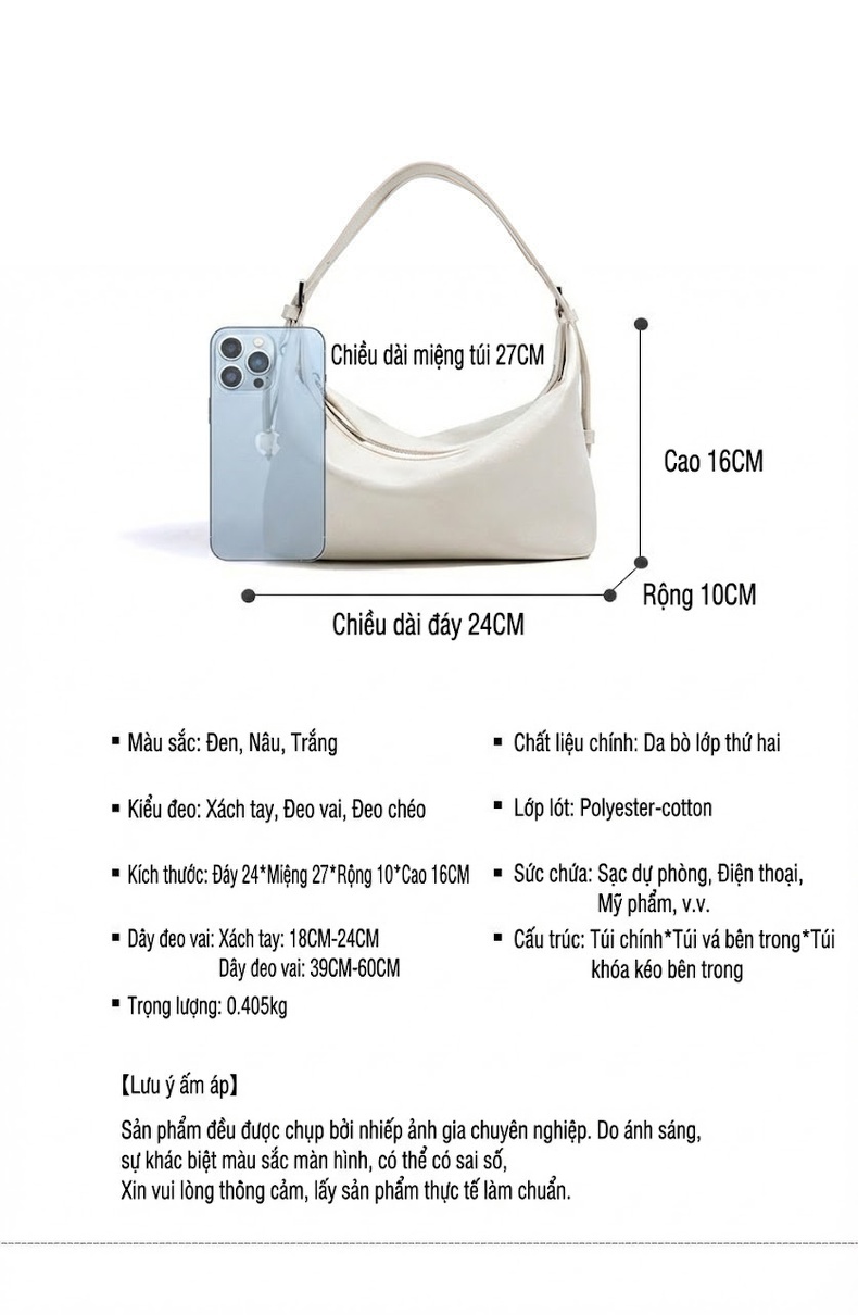 Túi Xách Tay Da Thật Đeo Vai/Đeo Chéo Kiểu Dáng Hobo Tối Giản Màu Nâu, Kem, Đen chi tiết 21