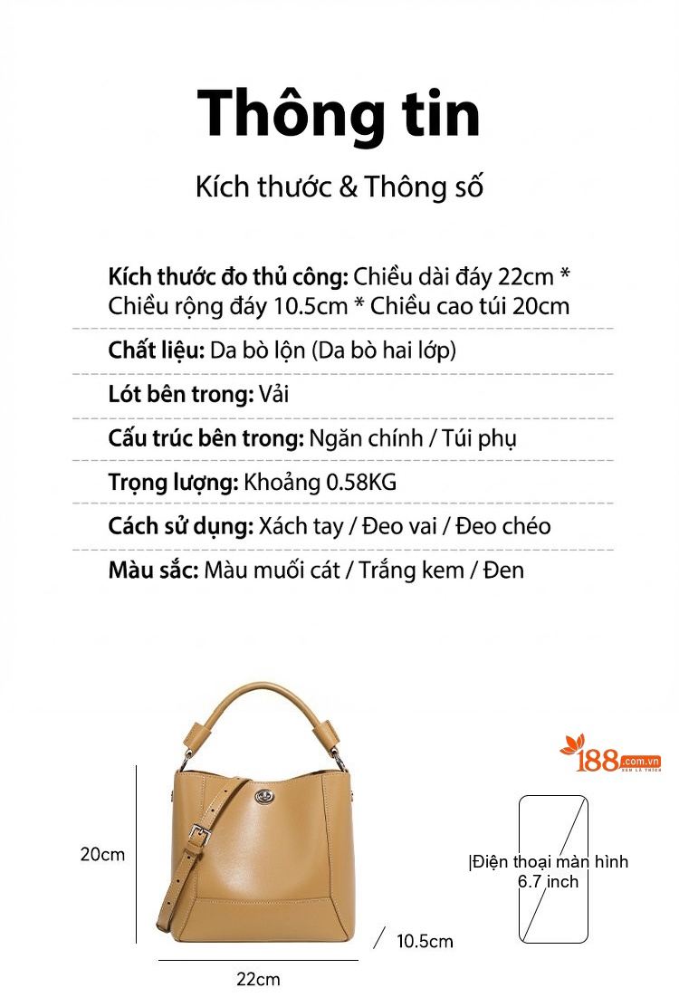 Túi Xách Tay Da Thật Đeo Vai Nữ Hình Thùng Có Túi Nhỏ Kèm Theo Màu Nâu Da Bò chi tiết 3