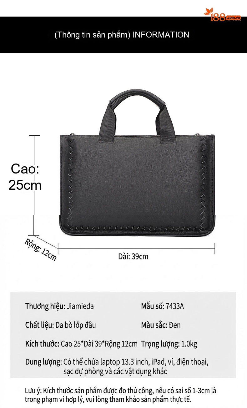 Túi Xách Tay Da Thật Đựng Laptop 13.3 Inch Kiểu Công Sở Màu Đen chi tiết 8
