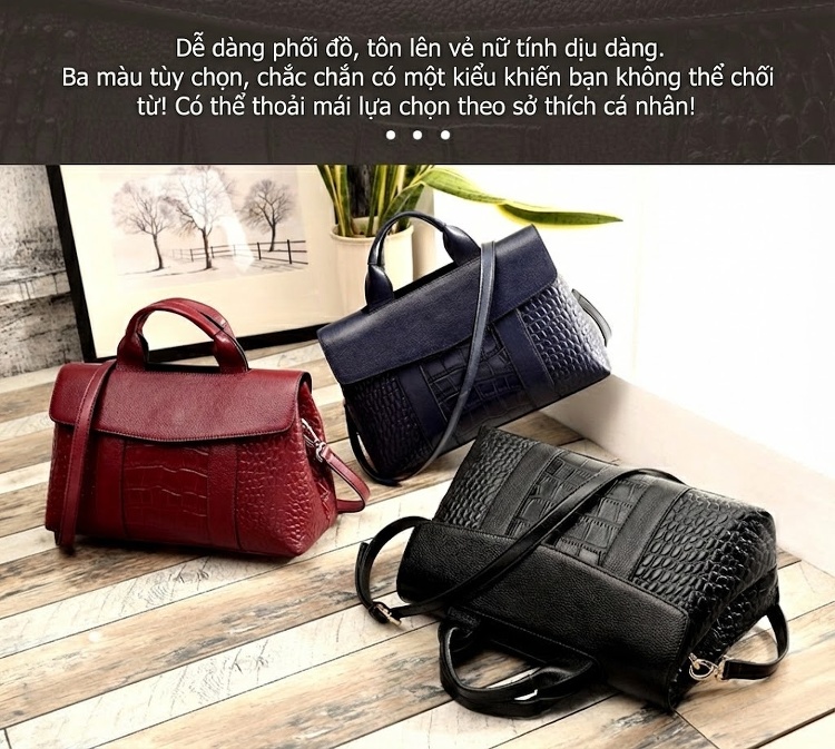 Túi Xách Tay Da Thật Vân Cá Sấu Sức Chứa Lớn Thời Trang Âu Mỹ Đeo Chéo Một Bên Vai Màu Đen, Xám, Xanh Navy, Hồng... chi tiết 2