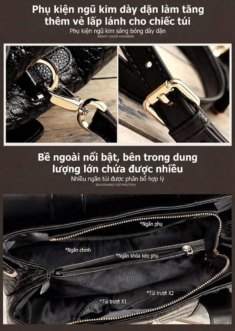 Túi Xách Tay Da Thật Vân Cá Sấu Sức Chứa Lớn Thời Trang Âu Mỹ Đeo Chéo Một Bên Vai Màu Đen, Xám, Xanh Navy, Hồng... chi tiết 6