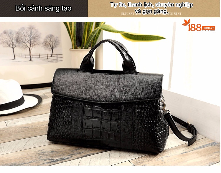 Túi Xách Tay Da Thật Vân Cá Sấu Sức Chứa Lớn Thời Trang Âu Mỹ Đeo Chéo Một Bên Vai Màu Đen, Xám, Xanh Navy, Hồng... chi tiết 9