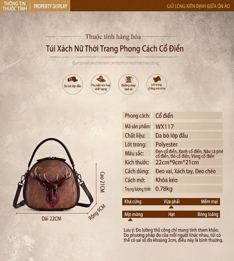 Túi Xách Tay/Đeo Chéo Nữ Da Bò Dập Nổi Hình Hươu Phong Cách Retro Màu Vàng, Xanh Lá, Nâu, Đỏ... chi tiết 1
