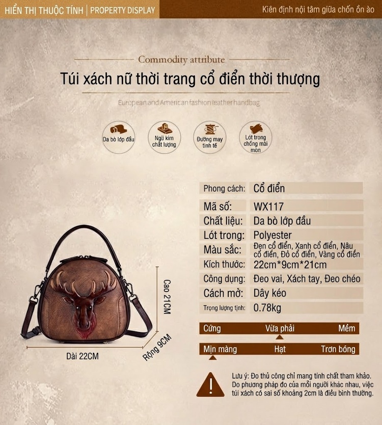 Túi Xách Tay/Đeo Chéo Nữ Da Bò Dập Nổi Hình Hươu Phong Cách Retro Màu Vàng, Xanh Lá, Nâu, Đỏ... chi tiết 19