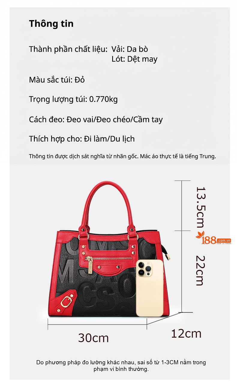 Túi Xách Tay/Đeo Chéo Nữ Da Bò In Chữ Phong Cách Moto Màu Đen, Đỏ chi tiết 3