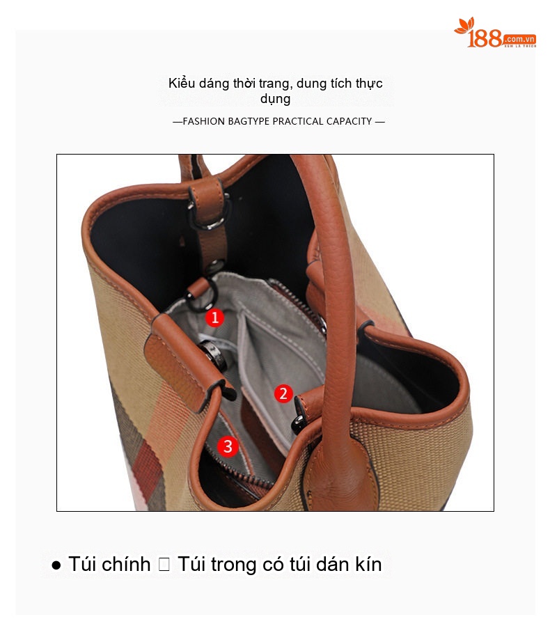 Túi Xách Tay/Đeo Chéo Nữ Da Bò Phối Vải Canvas Dáng Thùng Màu Caramel, Đỏ chi tiết 7