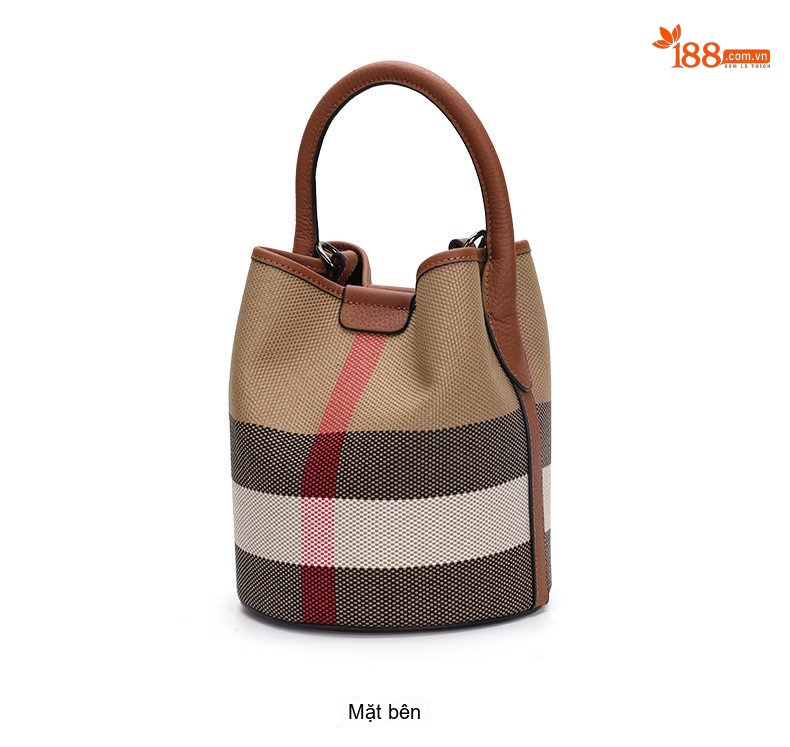 Túi Xách Tay/Đeo Chéo Nữ Da Bò Phối Vải Canvas Dáng Thùng Màu Caramel, Đỏ chi tiết 11