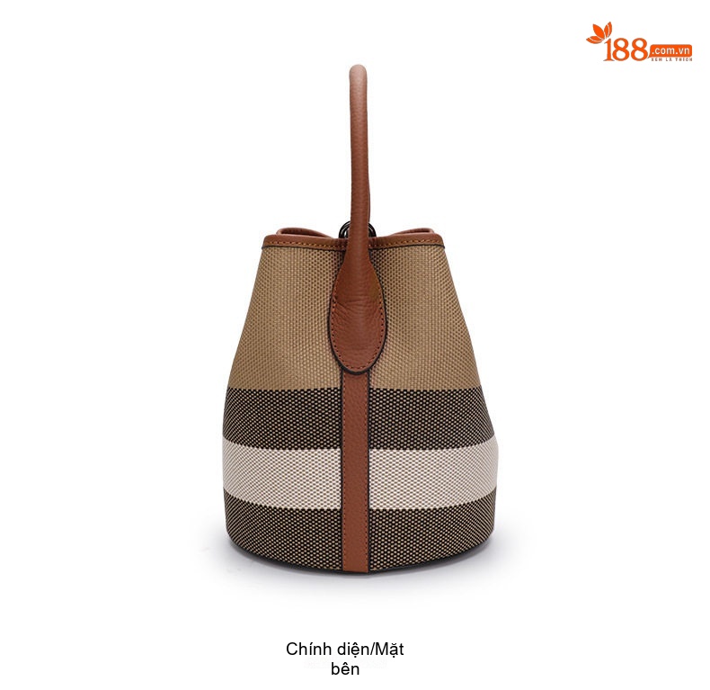 Túi Xách Tay/Đeo Chéo Nữ Da Bò Phối Vải Canvas Dáng Thùng Màu Caramel, Đỏ chi tiết 12