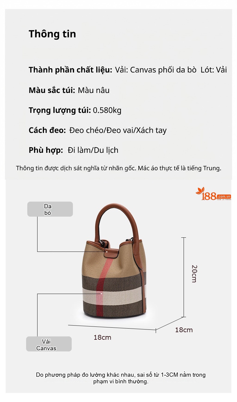 Túi Xách Tay/Đeo Chéo Nữ Da Bò Phối Vải Canvas Dáng Thùng Màu Caramel, Đỏ chi tiết 5