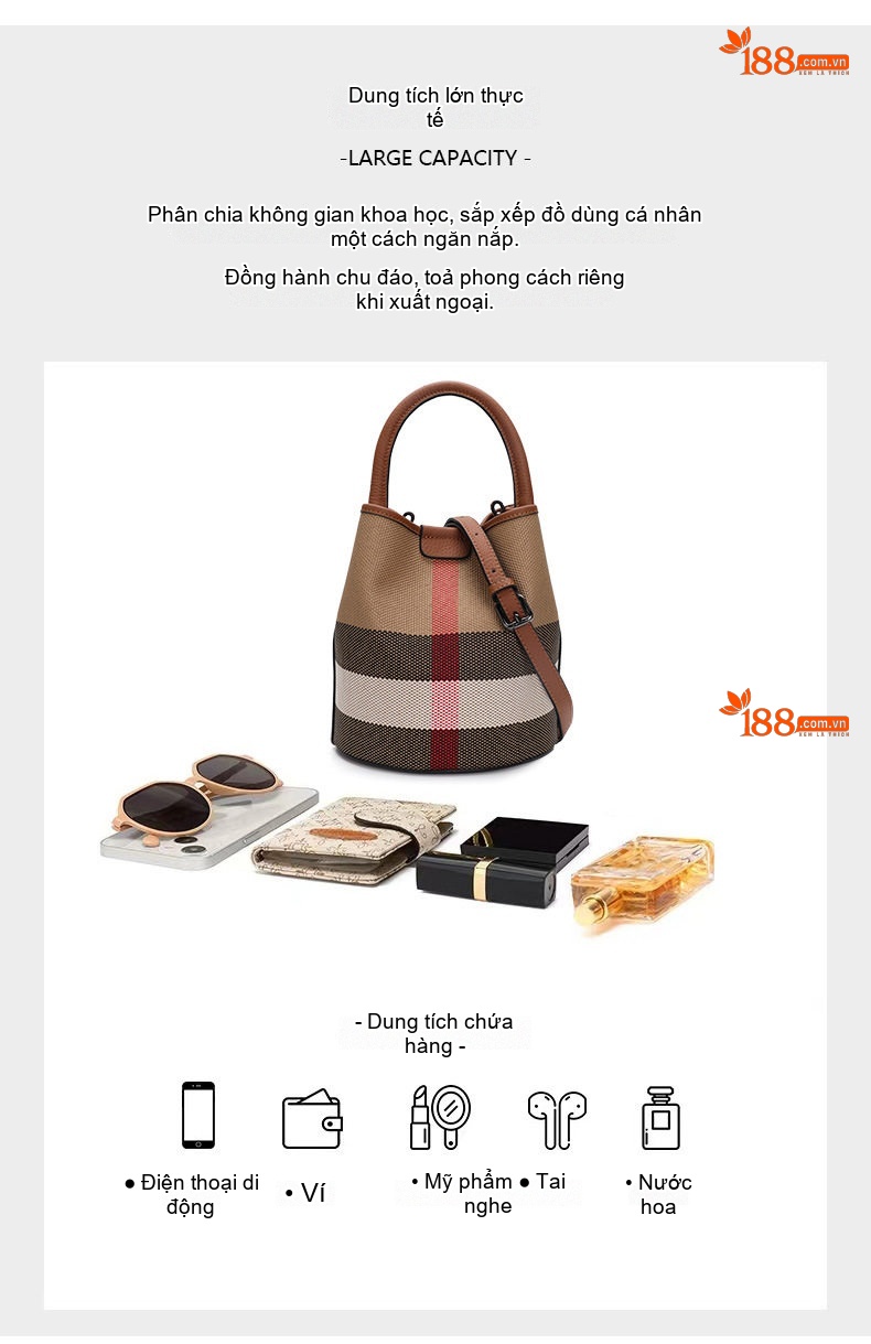 Túi Xách Tay/Đeo Chéo Nữ Da Bò Phối Vải Canvas Dáng Thùng Màu Caramel, Đỏ chi tiết 8
