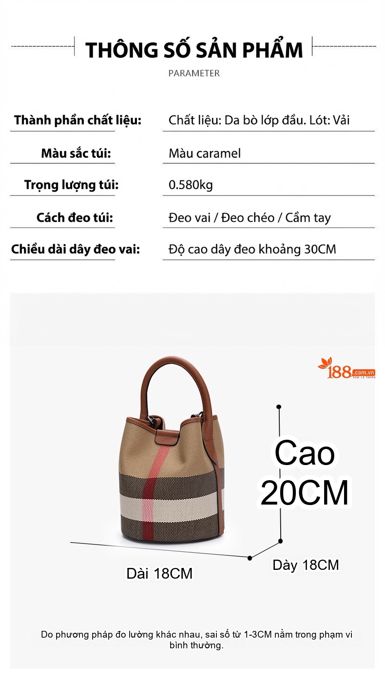 Túi Xách Tay/Đeo Chéo Nữ Da Bò Phối Vải Canvas Dáng Thùng Màu Caramel, Đỏ chi tiết 17