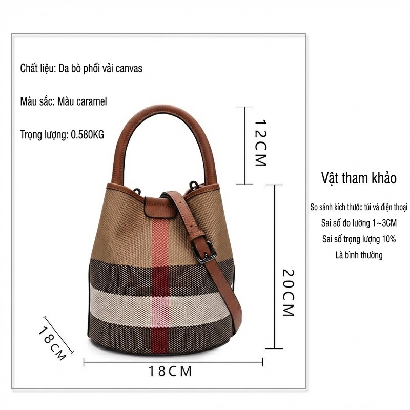 Túi Xách Tay/Đeo Chéo Nữ Da Bò Phối Vải Canvas Dáng Thùng Màu Caramel, Đỏ