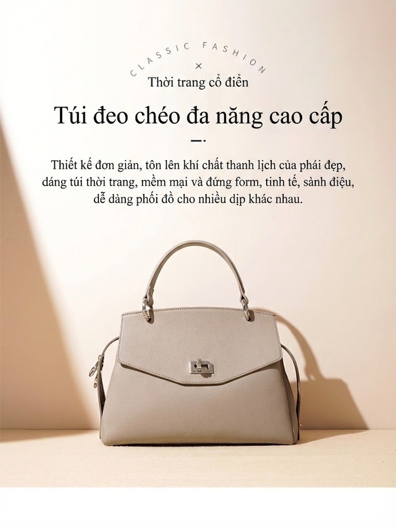 Túi Xách Tay/Đeo Chéo Nữ Da Bóng Thiết Kế Độc Đáo Phong Cách Công Sở Màu Be, Đen chi tiết 3