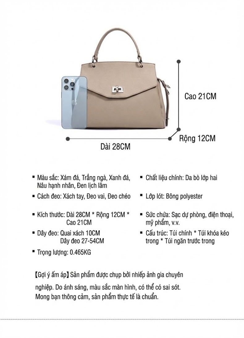 Túi Xách Tay/Đeo Chéo Nữ Da Bóng Thiết Kế Độc Đáo Phong Cách Công Sở Màu Be, Đen chi tiết 10