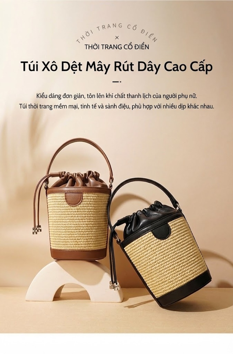 Túi Xách Tay/Đeo Chéo Nữ Da Cừu Vải Canvas Dáng Thùng Rút Dây Màu Nâu, Đen chi tiết 1