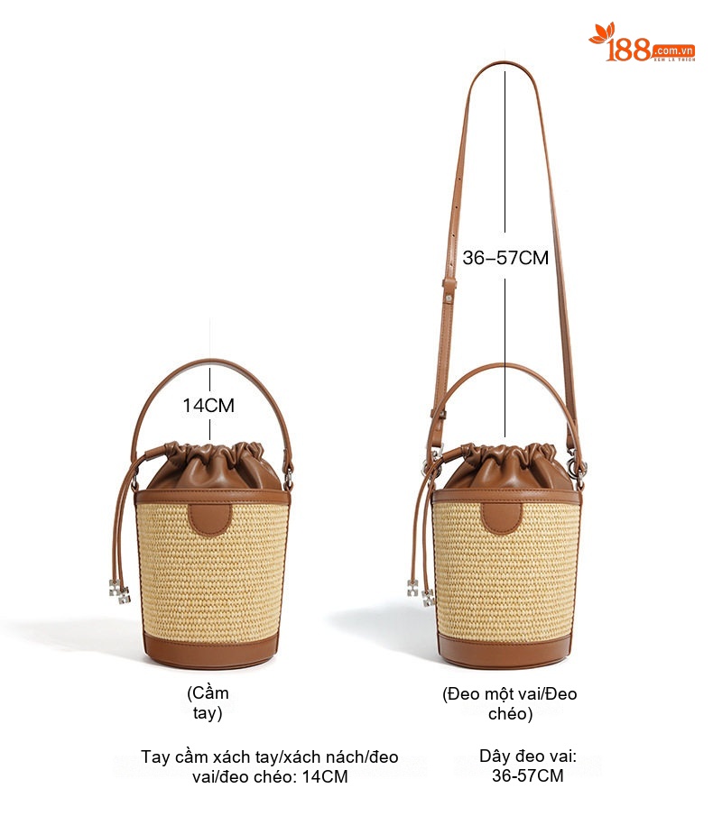 Túi Xách Tay/Đeo Chéo Nữ Da Cừu Vải Canvas Dáng Thùng Rút Dây Màu Nâu, Đen chi tiết 9