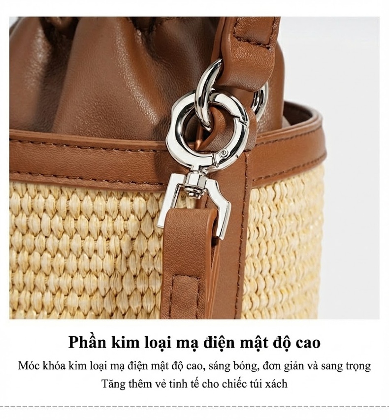 Túi Xách Tay/Đeo Chéo Nữ Da Cừu Vải Canvas Dáng Thùng Rút Dây Màu Nâu, Đen chi tiết 12