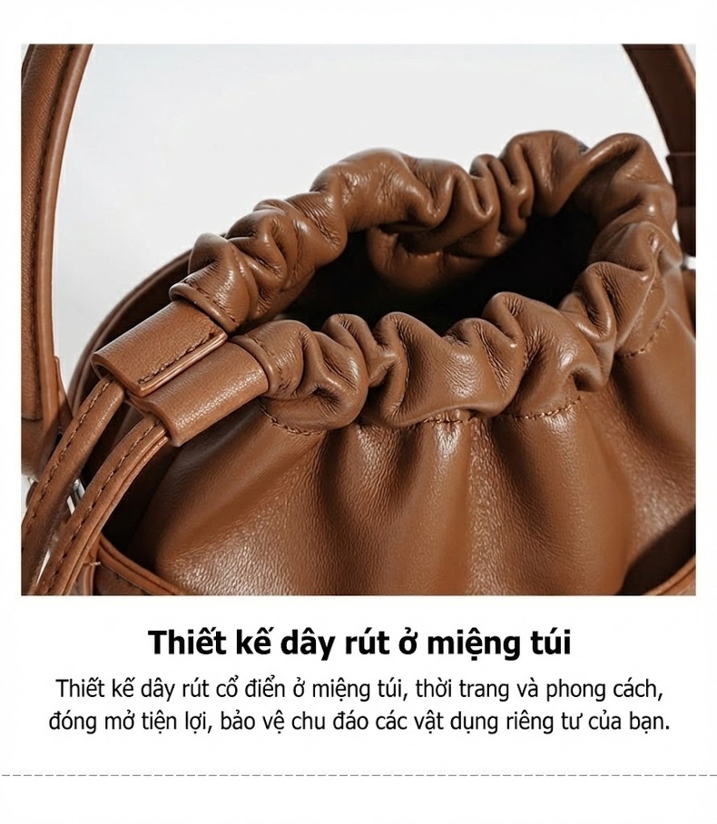 Túi Xách Tay/Đeo Chéo Nữ Da Cừu Vải Canvas Dáng Thùng Rút Dây Màu Nâu, Đen chi tiết 13