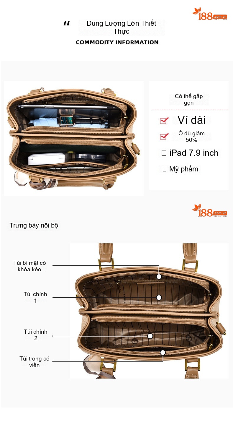Túi Xách Tay/Đeo Chéo Nữ Da Mờ Sức Chứa Lớn Phong Cách Công Sở Màu Kem, Nâu, Đen chi tiết 3