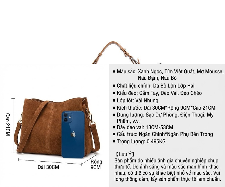 Túi Xách Tay Đeo Chéo Nữ Da Mờ Thiết Kế Cổ Điển Màu Nâu chi tiết 9