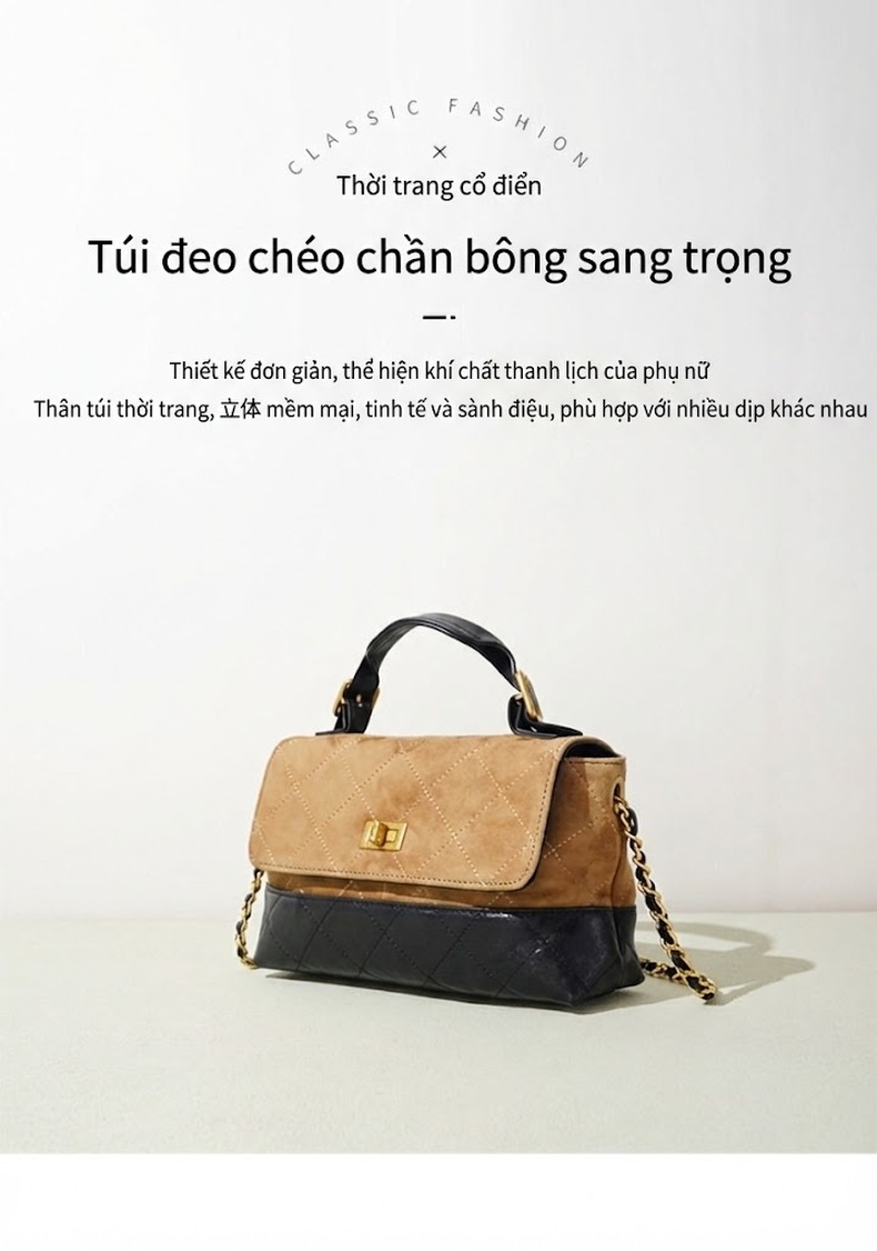 Túi Xách Tay/Đeo Chéo Nữ Da Mờ Thiết Kế Dây Xích Màu Nâu, Đen chi tiết 1