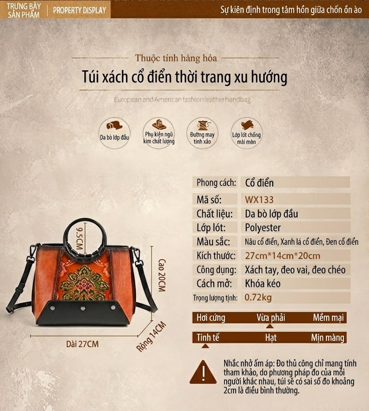 Túi Xách Tay/Đeo Chéo Nữ Da Thật Dập Nổi Cổ Điển Màu Nâu, Xanh Lá, Đen chi tiết 1
