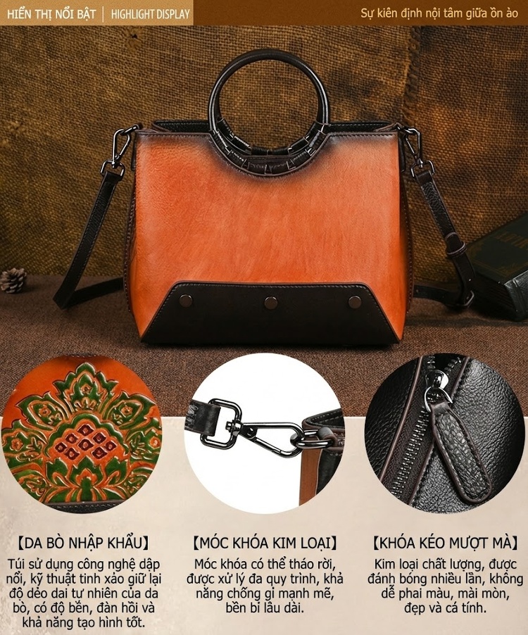Túi Xách Tay/Đeo Chéo Nữ Da Thật Dập Nổi Cổ Điển Màu Nâu, Xanh Lá, Đen chi tiết 2
