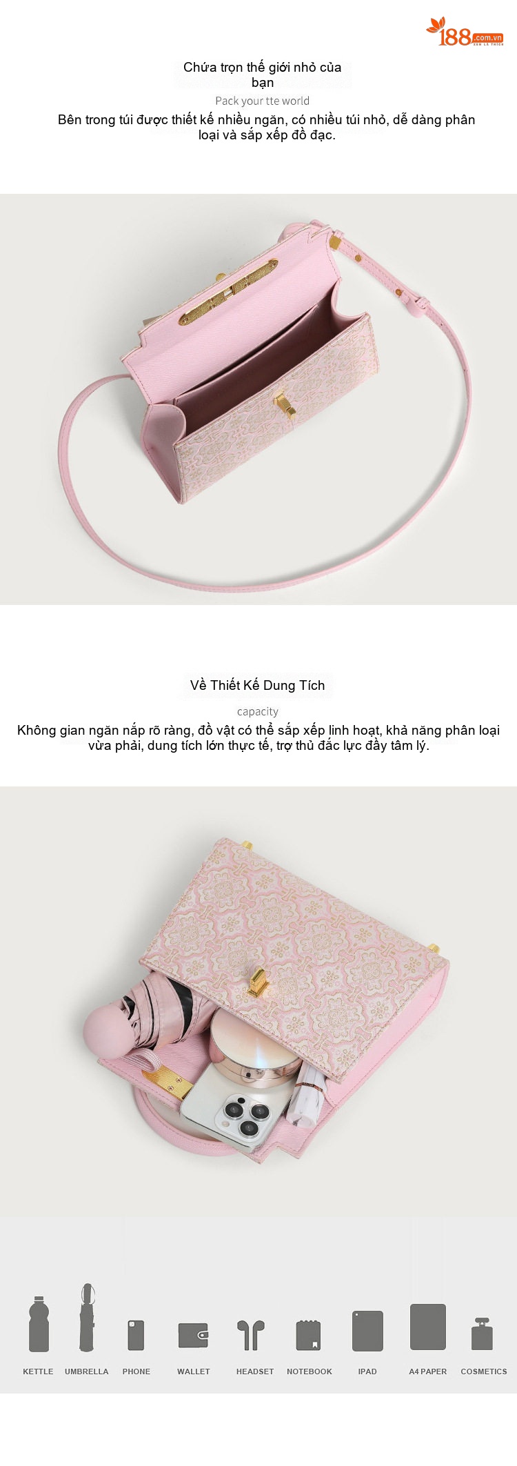 Túi Xách Tay/Đeo Chéo Nữ Hình Hộp Nhỏ Hoa Văn Song Cẩm Phong Cách Cổ Điển Màu Kem, Hồng chi tiết 3