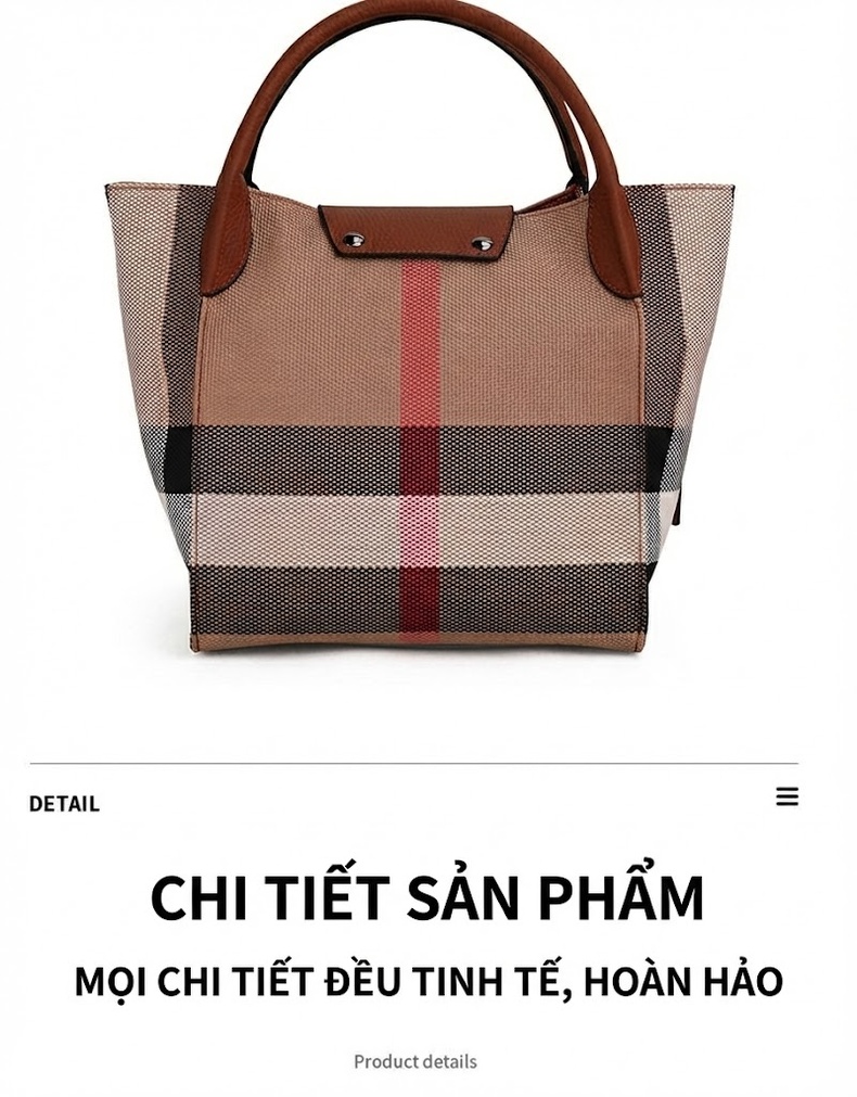 Túi Xách Tay/Đeo Chéo Nữ Vải Canvas Phối Da Bò Họa Tiết Kẻ Ô Màu Nâu chi tiết 15