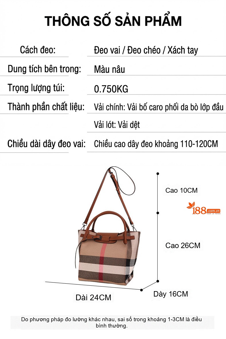 Túi Xách Tay/Đeo Chéo Nữ Vải Canvas Phối Da Bò Họa Tiết Kẻ Ô Màu Nâu chi tiết 3