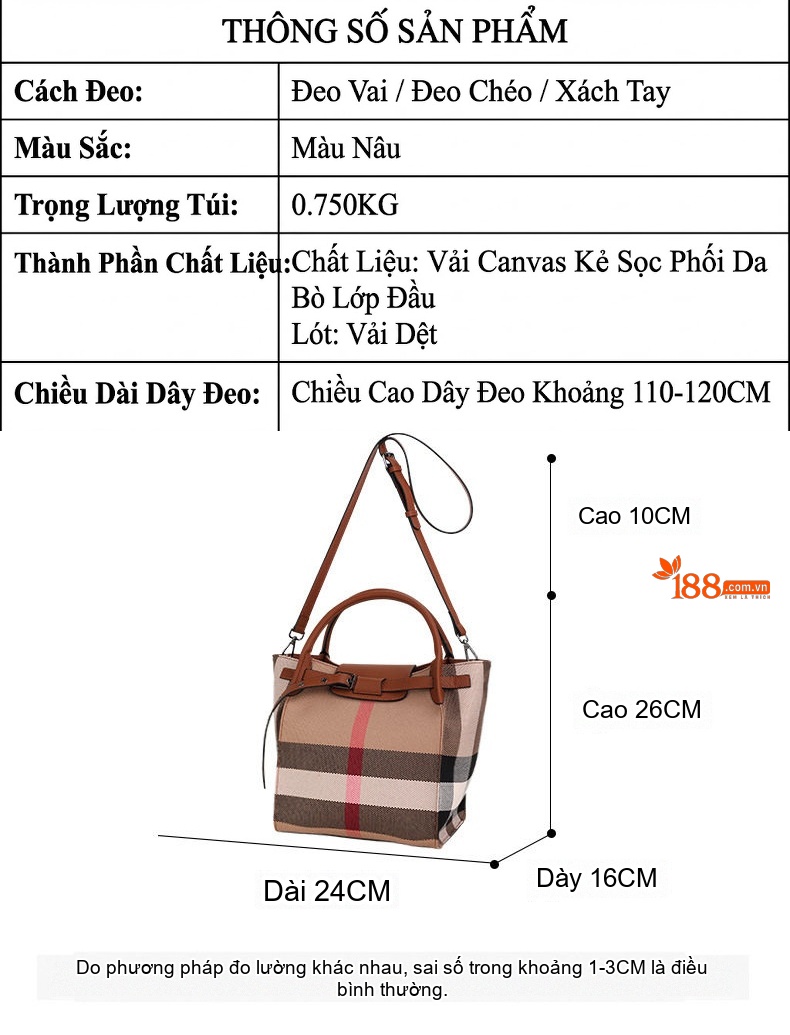 Túi Xách Tay/Đeo Chéo Nữ Vải Canvas Phối Da Bò Họa Tiết Kẻ Ô Màu Nâu chi tiết 19