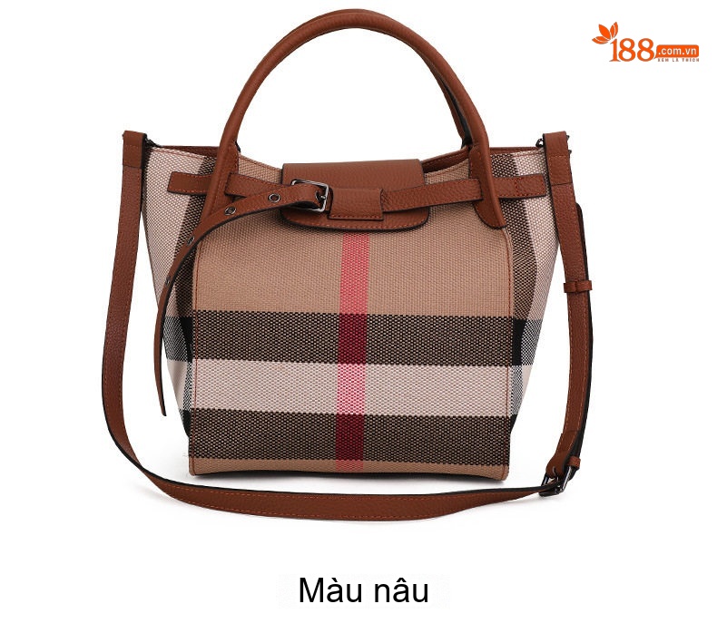 Túi Xách Tay/Đeo Chéo Nữ Vải Canvas Phối Da Bò Họa Tiết Kẻ Ô Màu Nâu chi tiết 4