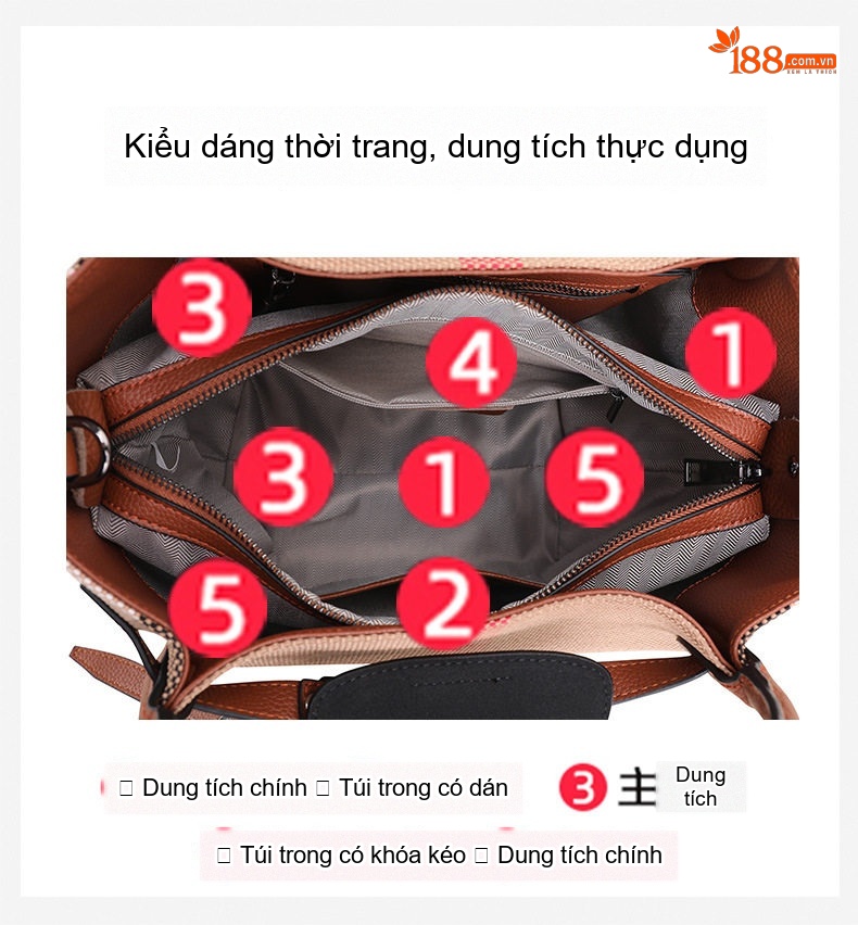 Túi Xách Tay/Đeo Chéo Nữ Vải Canvas Phối Da Bò Họa Tiết Kẻ Ô Màu Nâu chi tiết 7