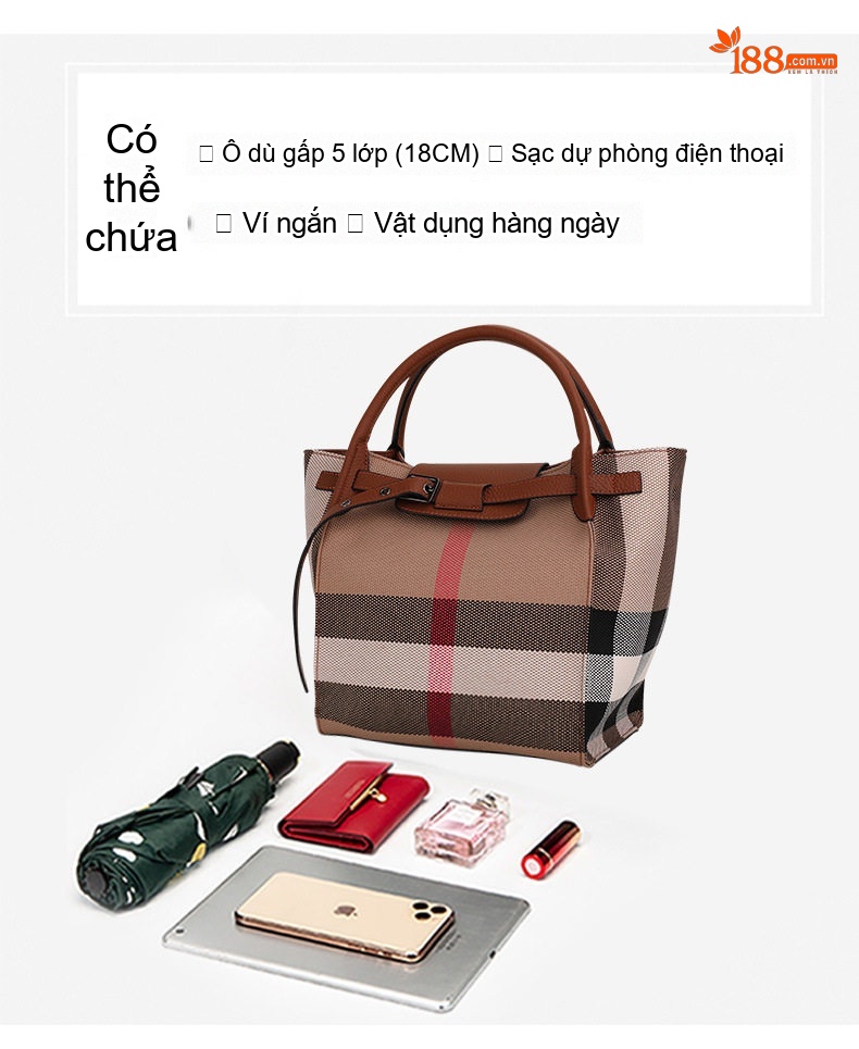 Túi Xách Tay/Đeo Chéo Nữ Vải Canvas Phối Da Bò Họa Tiết Kẻ Ô Màu Nâu chi tiết 8