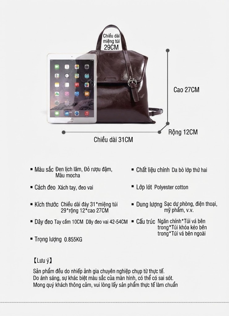 Túi Xách Tay/Đeo Vai/Đeo Chéo/Balo Nữ Da Thật Dáng Vuông Phong Cách Thời Trang Màu Đen, Nâu chi tiết 10