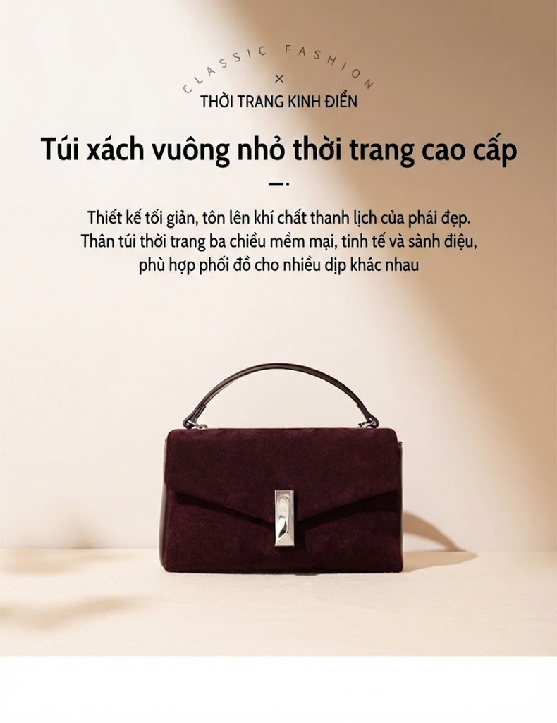 Túi Xách Tay/Đeo Vai/Đeo Chéo Nữ Da Bò Hai Lớp Mờ Thiết Kế Nhỏ Gọn Màu Nâu Đỏ chi tiết 1