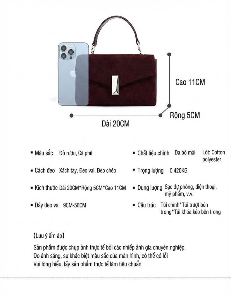 Túi Xách Tay/Đeo Vai/Đeo Chéo Nữ Da Bò Hai Lớp Mờ Thiết Kế Nhỏ Gọn Màu Nâu Đỏ chi tiết 7