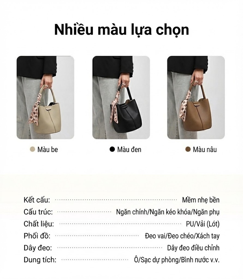 Túi Xách Tay/Đeo Vai/Đeo Chéo Nữ Da Thật Cao Cấp Dáng Xô Màu Be chi tiết 6