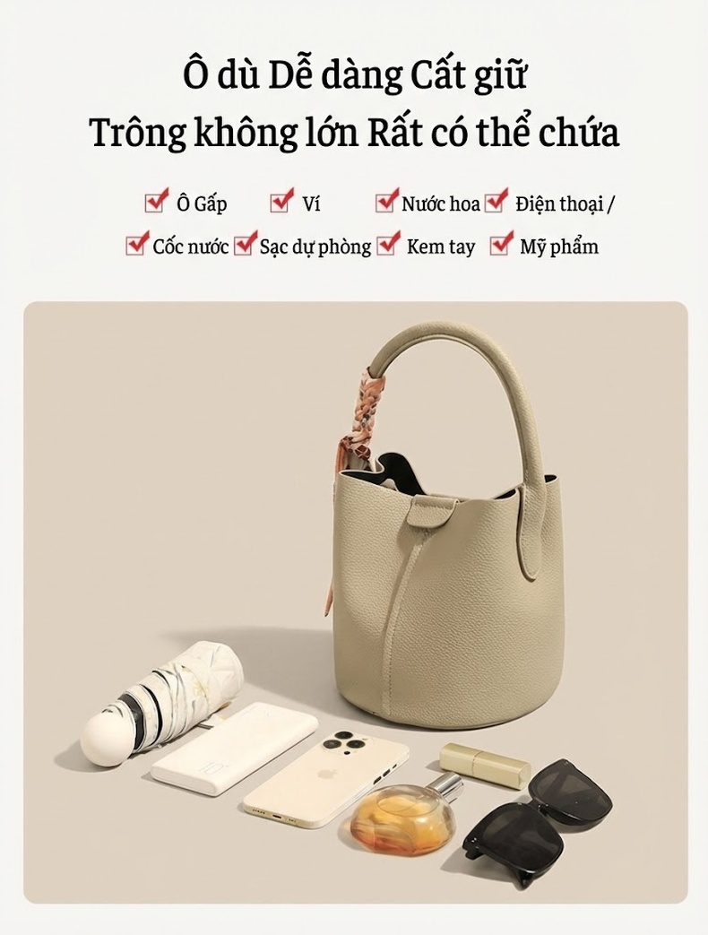 Túi Xách Tay/Đeo Vai/Đeo Chéo Nữ Da Thật Cao Cấp Dáng Xô Màu Be chi tiết 8