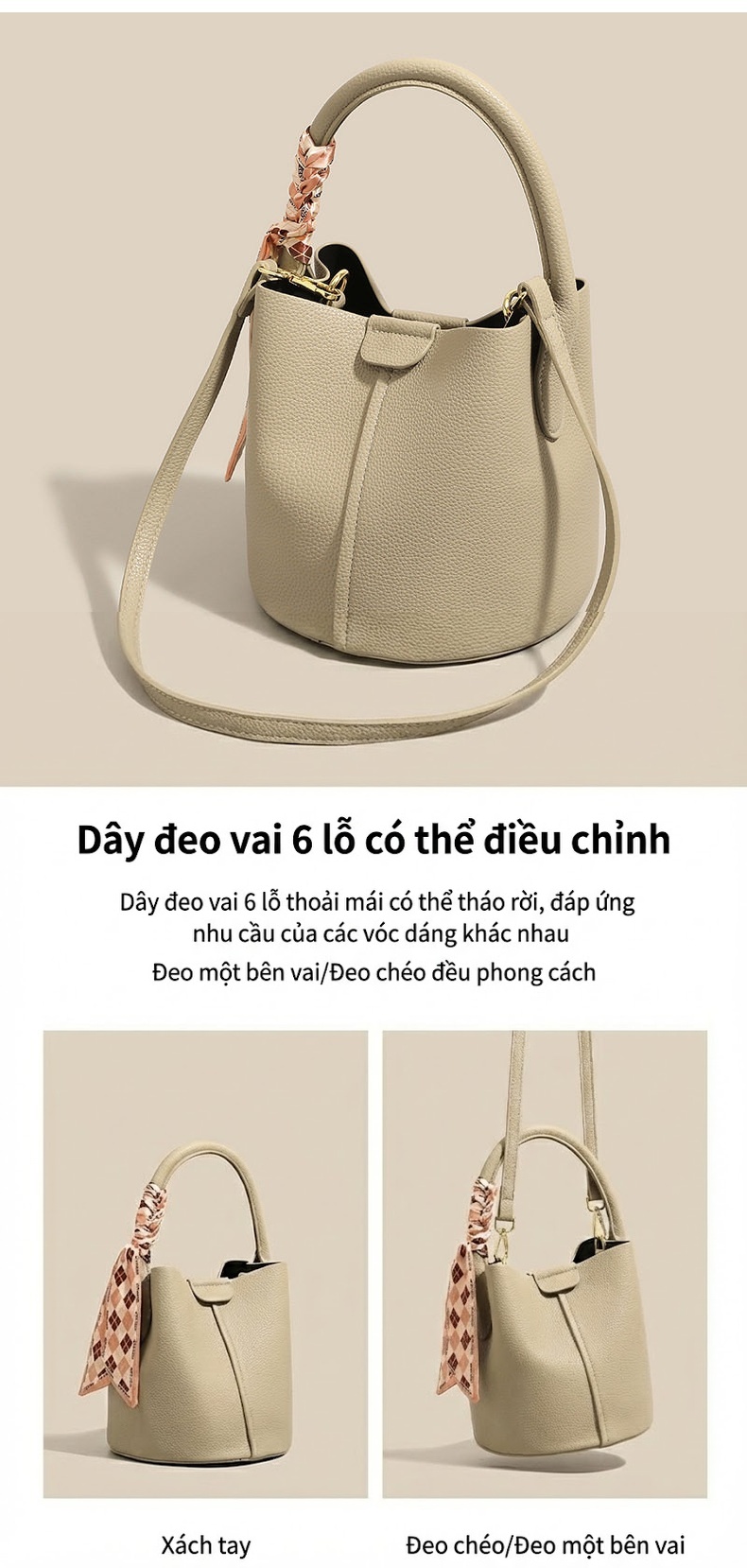 Túi Xách Tay/Đeo Vai/Đeo Chéo Nữ Da Thật Cao Cấp Dáng Xô Màu Be chi tiết 12