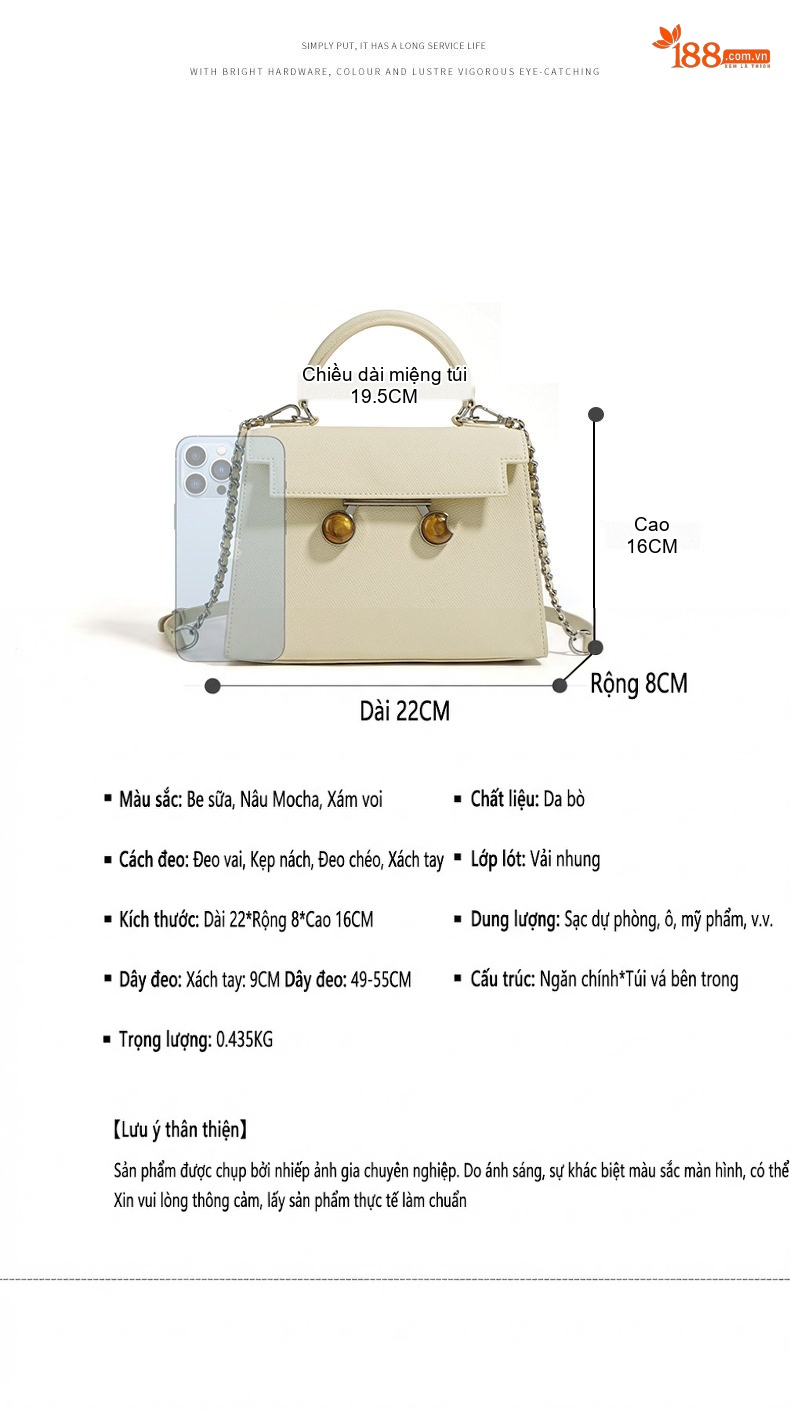 Túi Xách Tay/Đeo Vai Mini Da Bò Vân Tay Kelly II Đơn Giản Màu Trắng Kem, Nâu, Xám chi tiết 7
