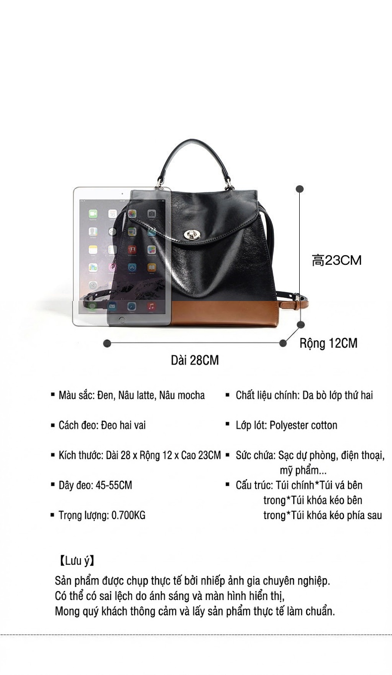 Túi Xách Tay Đeo Vai Mini Da Bóng Sức Chứa Lớn Đa Năng Màu Đen, Nâu chi tiết 7