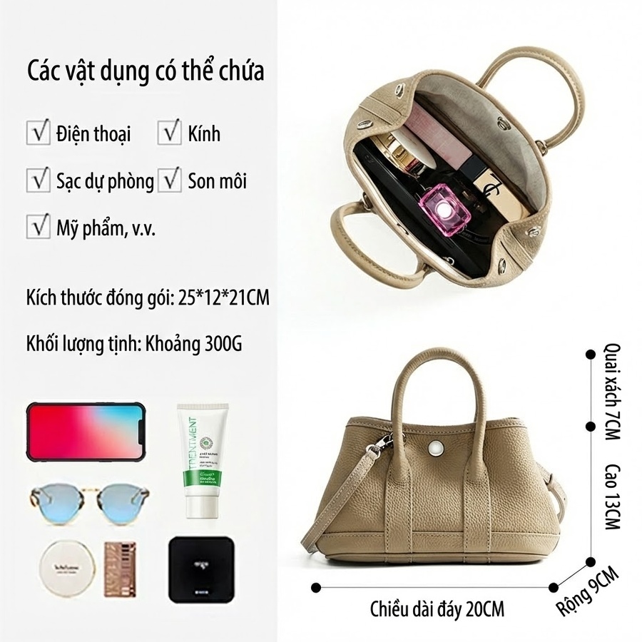Túi Xách Tay/Đeo Vai Nữ Da Bò Cao Cấp Thiết Kế Tinh Tế Màu Be
