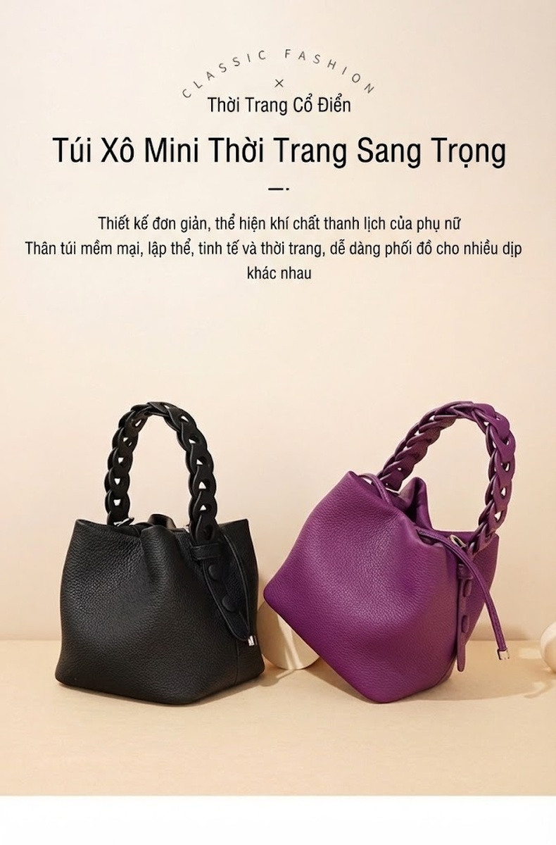 Túi Xách Tay/Đeo Vai Nữ Da Bò Dáng Bucket Màu Tím, Nâu, Trắng, Hồng chi tiết 1