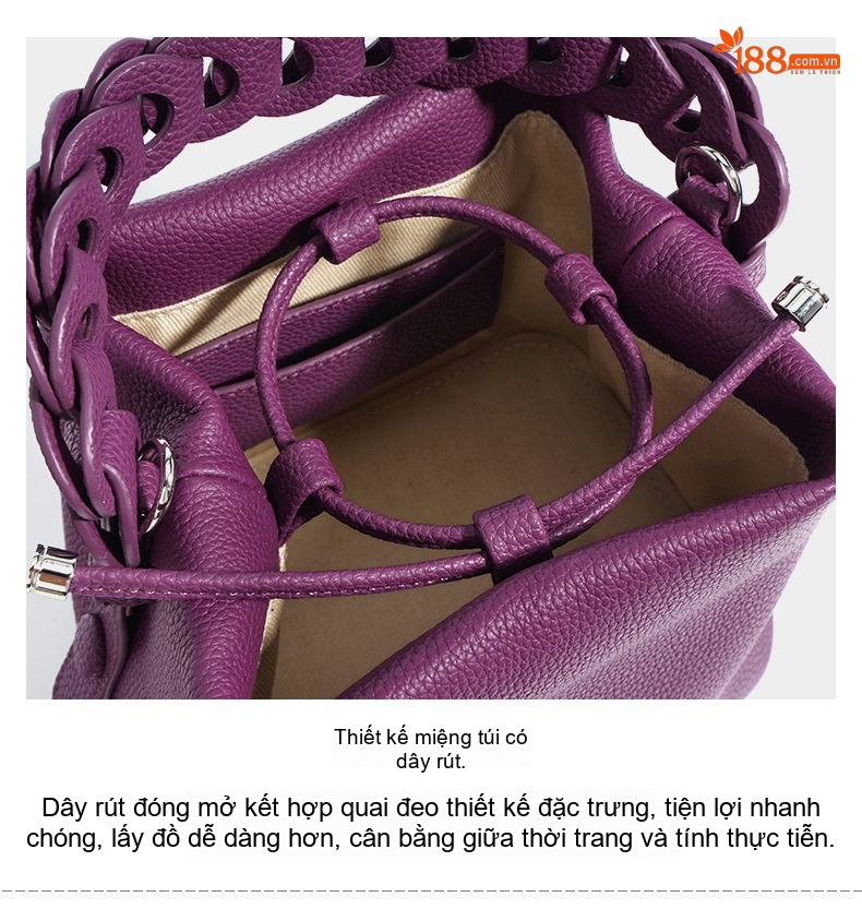 Túi Xách Tay/Đeo Vai Nữ Da Bò Dáng Bucket Màu Tím, Nâu, Trắng, Hồng chi tiết 12
